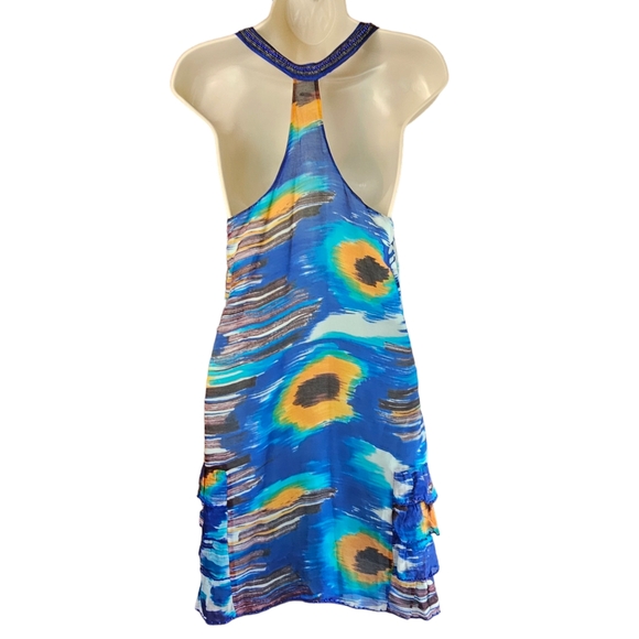FREE PEOPLE Silk Beads Rhinestones Ruffles Blue & Orange Watercolor Halter Dress - Picture 2 of 16